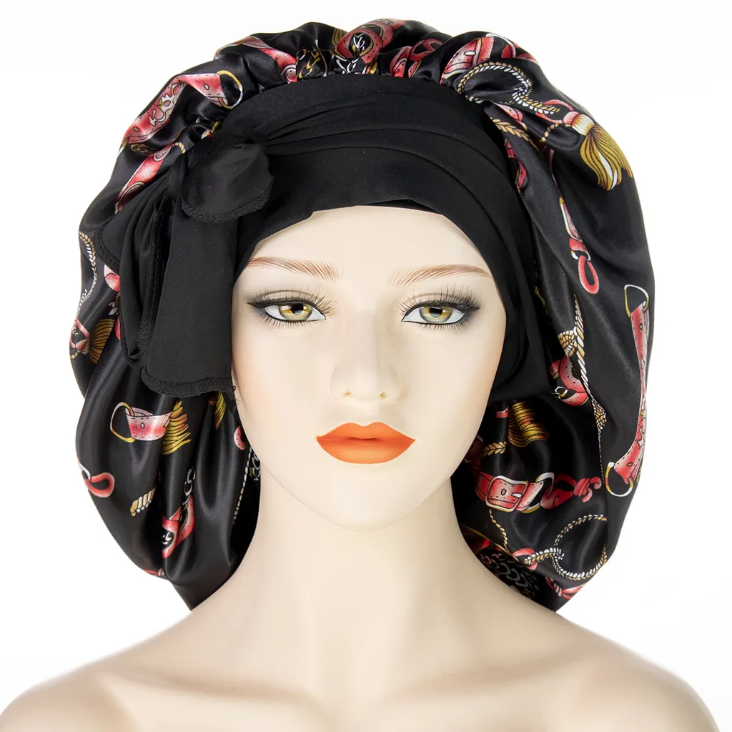 Fshion Floral Print Large Satin Bonnet Hat for Women Long Silk Head Cover Wide Night Sleeping Hat 4
