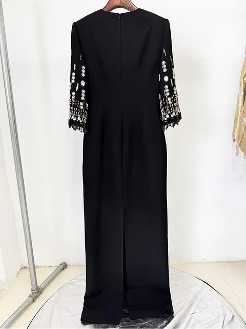 HIGH STREET Newest Fashion 2026 S/S Designer Vestido Women's Half Sleeve Stunning Beaded Long Maxi Dress 6