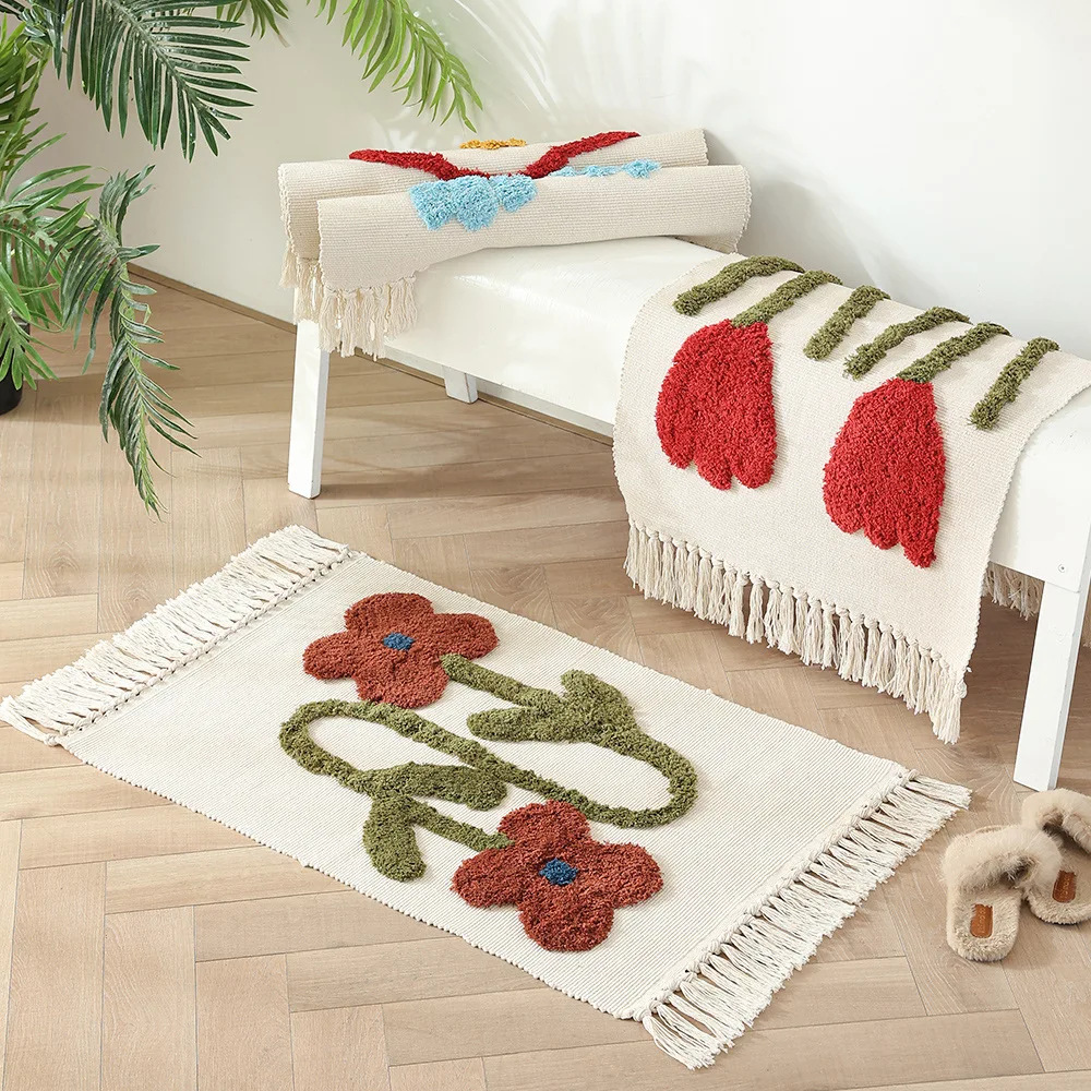 

Bedroom Floor Mat Living Room Woven Rugs Entry Doormat Room Decor Breathable Antislip Bedside Rug Tufted Floral Macrame Carpet