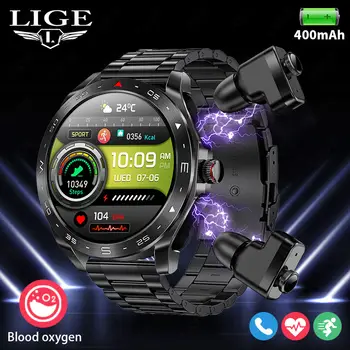 LIGE Smartwatch With Earbuds Bluetooth Headset Speaker Tracker Music Sport Health Track Waterproof AMOLED Screen Men Smart Watch