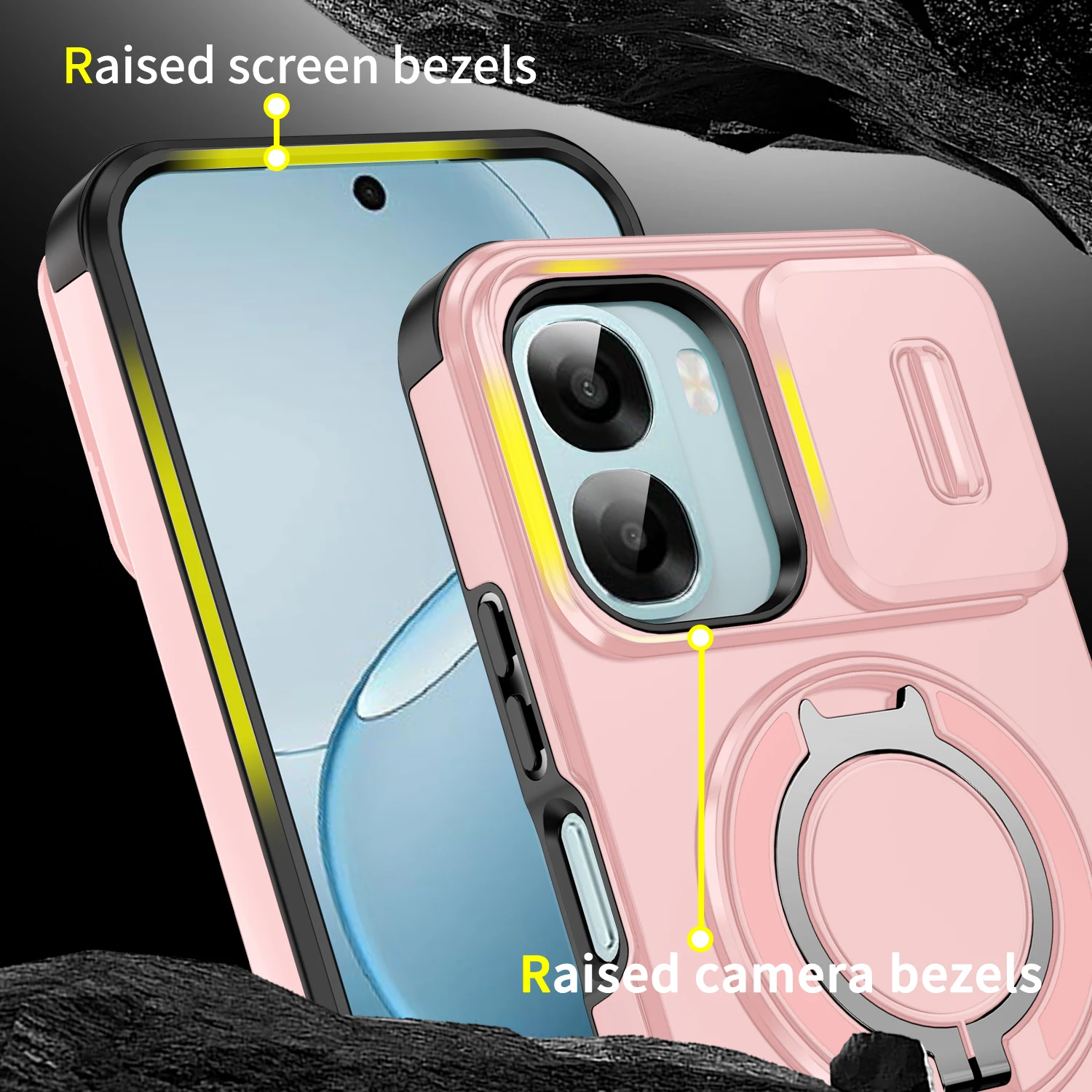 Plastic Hard Shell Phone Case with Lens Slide Cover and Magnetic Ring Holder