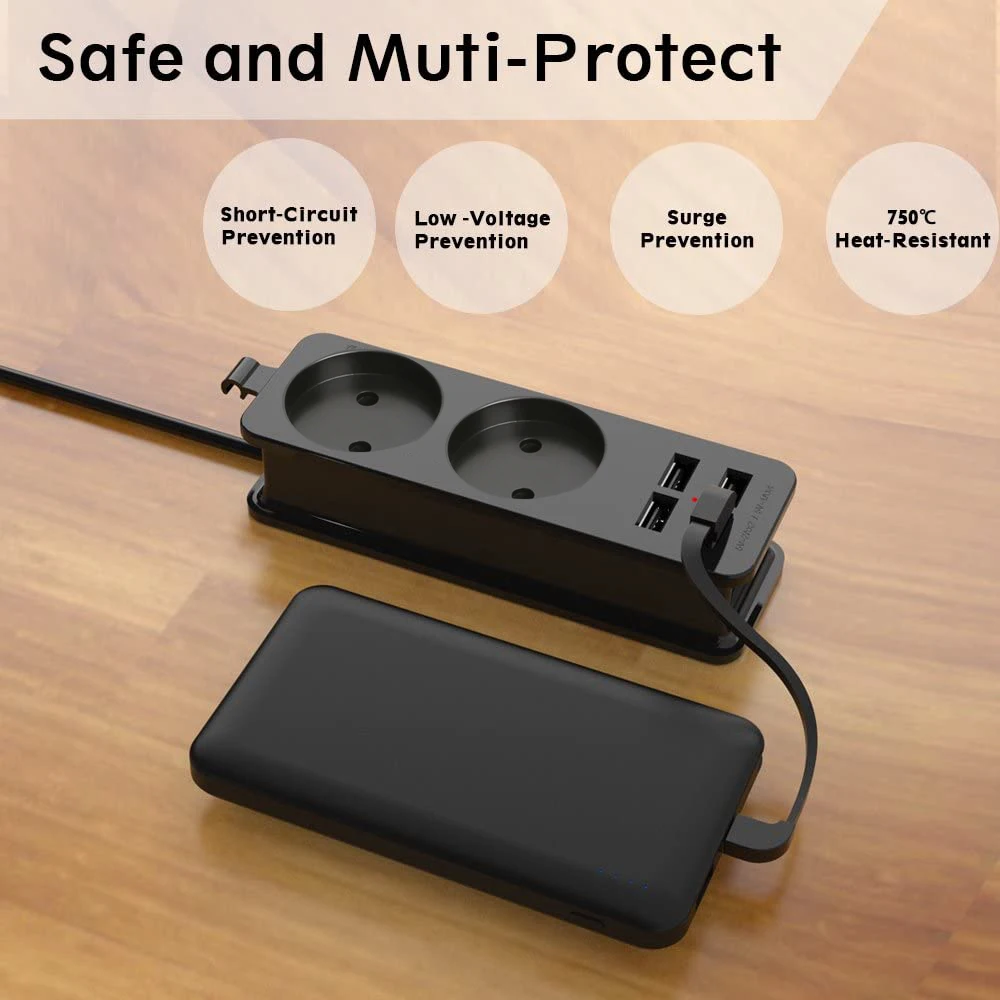 Power Strip EU Plug 1.5M Extension Cable 4USB Port Charger Portable AC Adapter