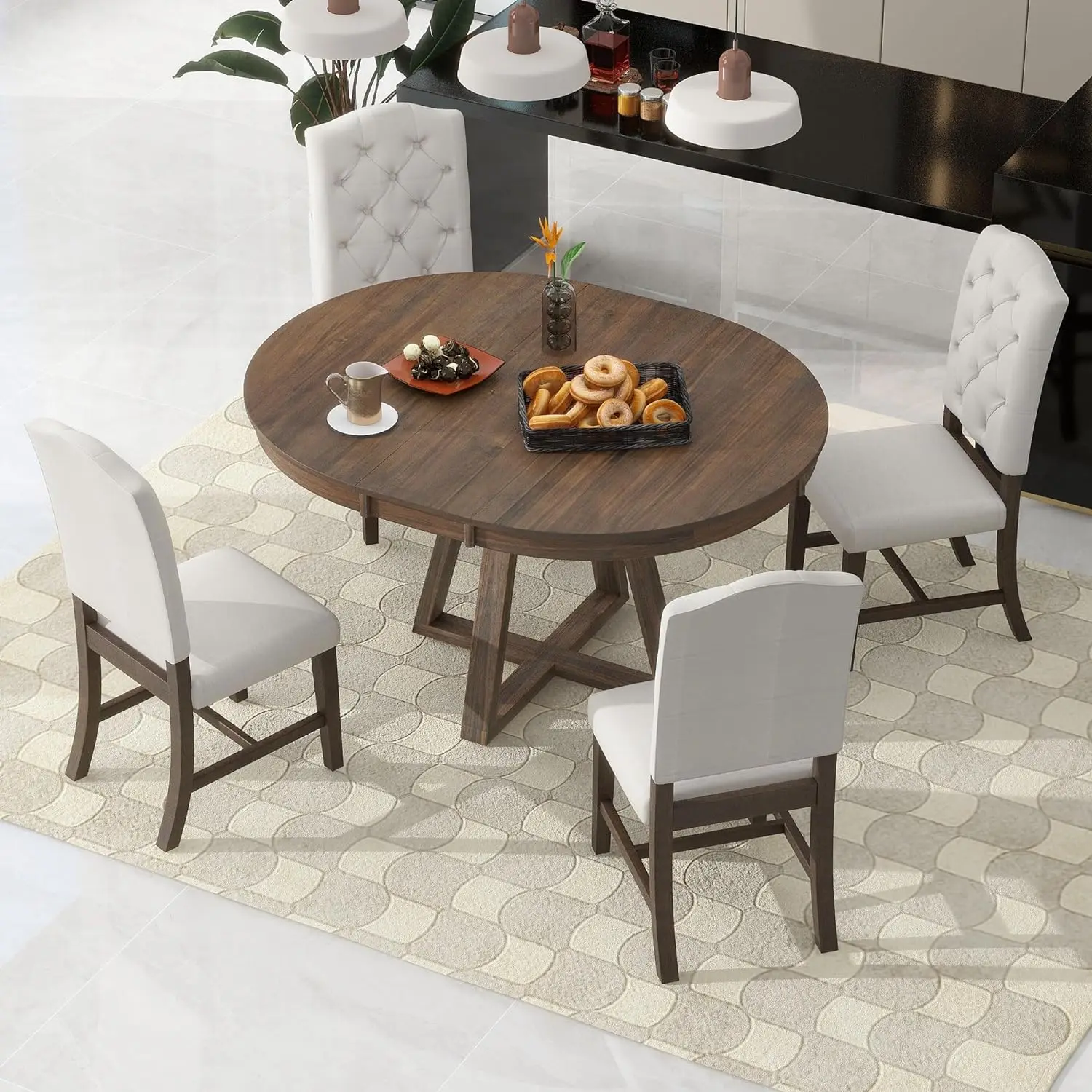 

Retro Dining Table Set for 4,5-Piece Wood Round Extendable Kitchen Table&4 Upholstered Chairs with Backrest,Walnut