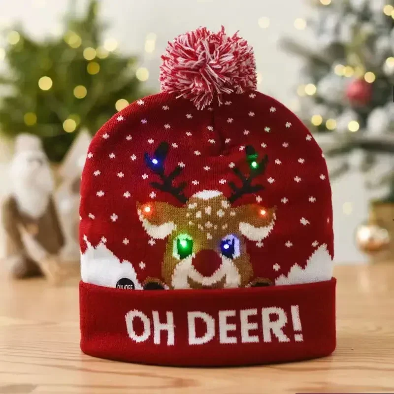 Christmas Hats Sweater Santa Elk Knitted Beanie Hat With LED Light Up Cartoon Patteren Christmas Gift For Kids New Year Supplies