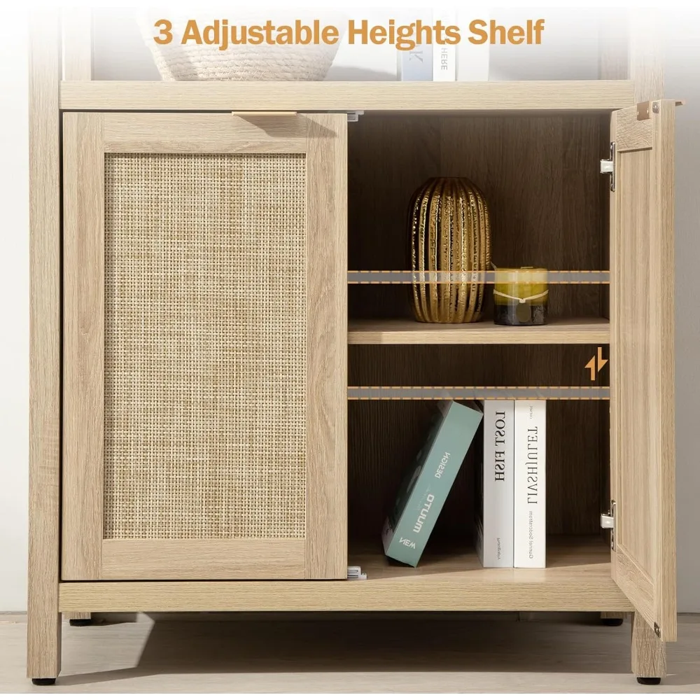 Bookshelf 5 Tier Book Shelf Rattan Boho 71" Tall Bookcase with Doors Storage Shelves Large Bookshelves Farmhouse Bookcas 6
