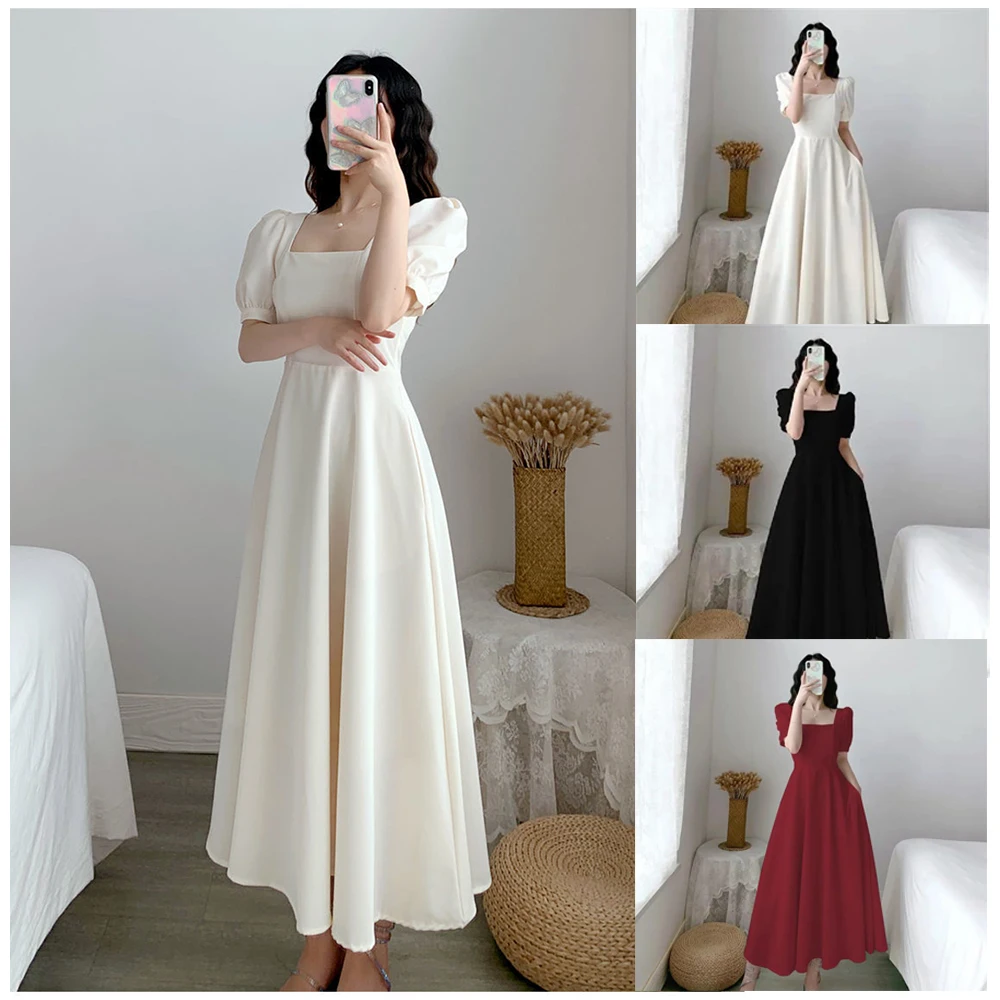 

Summer Simple Simple Solid Elegant Dresses For Women Square Neck Short Sleeves Long A Line Dress Female Hepburn Princess Vestdio