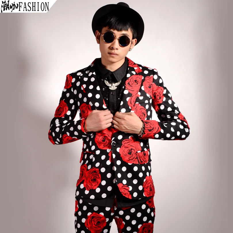 

New Mens Floral Blazer New Mens Rose Print Embroidery Blazer Polka Dot Print Blazer Party Club Vintage Costume Homme Set