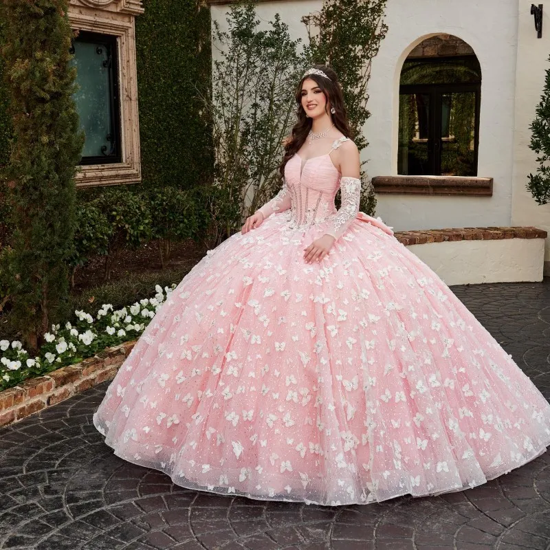 

Luxury Pink Lace Spaghetti Strap Quinceanera Dresses Ball Gown 2023 With Bow Appliques Sweet 16 Dress Party Dresses Lace-Up