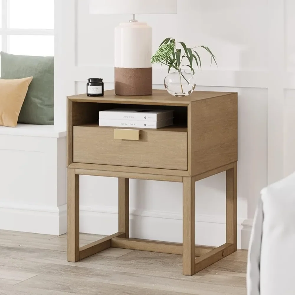 

Modern Nightstand Side Accent or End Table with Storage Drawer, 1 PACK, 16"D x 18"W x 22"H, Light Brown