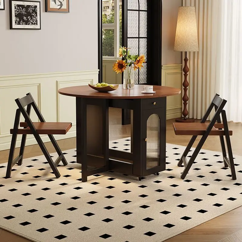 Round Solid Wood Foldable Dining Table French Style Small Space Friendly Home Use Multi-Functional Movable Extendable