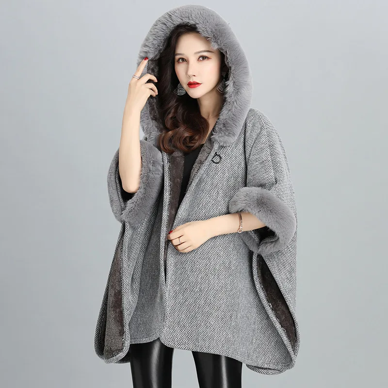 

Imitation Fur Collar Winter Women's Hooded Cardigan Shawl Coat Poncho Fashionable Upscale Capes Gray Cloaks