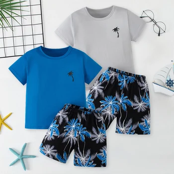 2/4 children's summer leisure sports printed short sleeved shorts set, boys and girls vacation style fashionable T-shirt pants 1