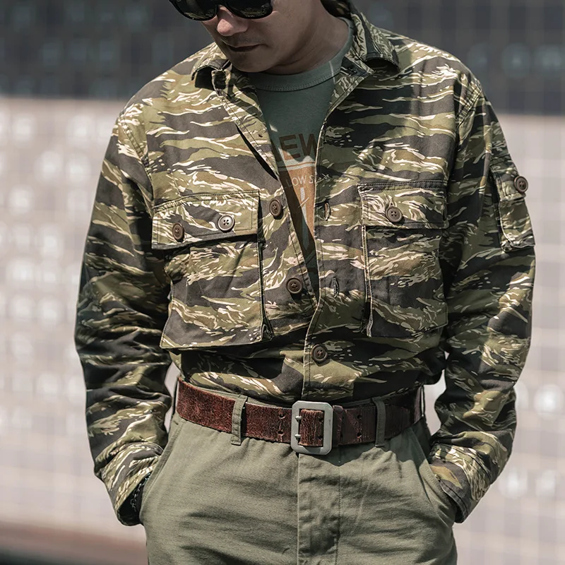 남성용 밀리터리 그린 타이거 패턴 위장 셔츠, 개구리 세트, 레트로 멀티 포켓 작업 셔츠