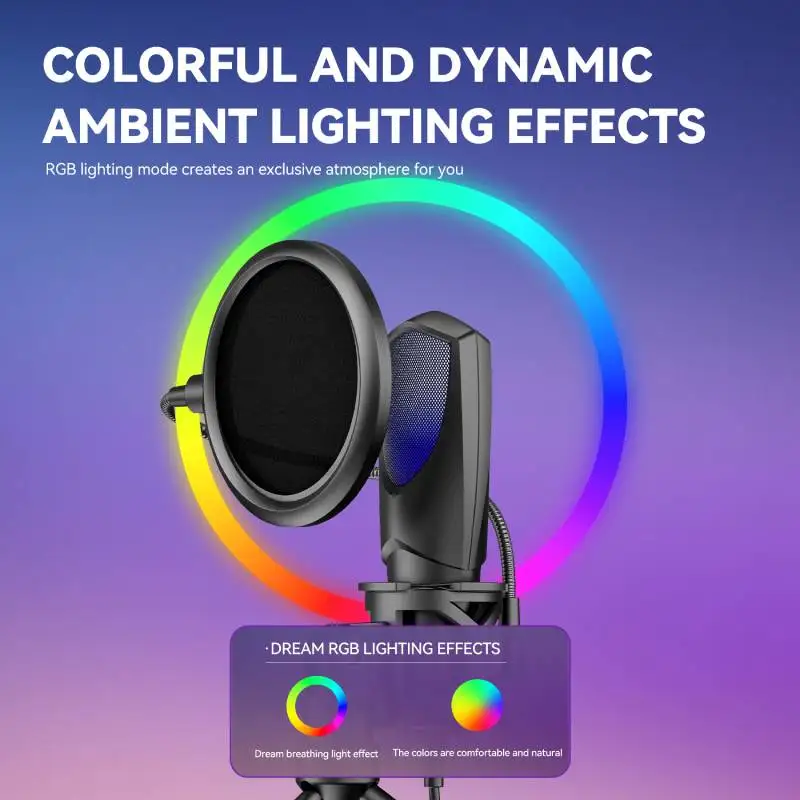 USB 마이크 RGB 마이크로폰 콘덴서 노이즈 감소 유선 게임 마이크, 팟캐스트 녹음 스튜디오 스트리밍 노트북 데스크탑 PC용