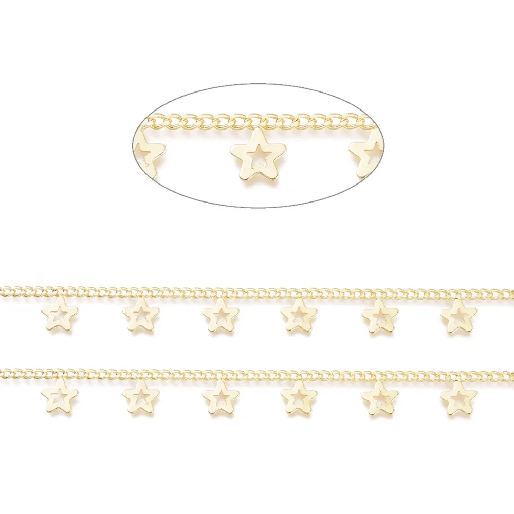 

1m Brass Curb Chains with Star Charm Soldered Long-Lasting Plated Real 18K Gold Plated 3x2x0.5mm