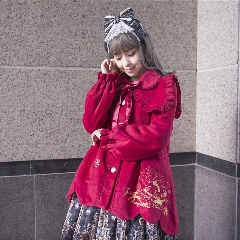 

Winter New Female Sweet Wool Blends Woolen Coat Fur Collar Cute Cartoon Bunny Soft Sister Overcoat Christmas Red Long Outfit