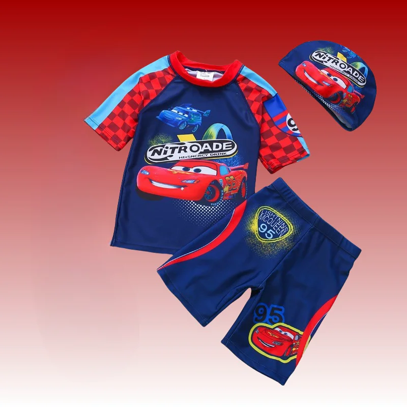 어린이 수영복 세트, 분할 반팔 반바지, 소년 자동차 만화 스타일, 중소형 어린이 수영복 