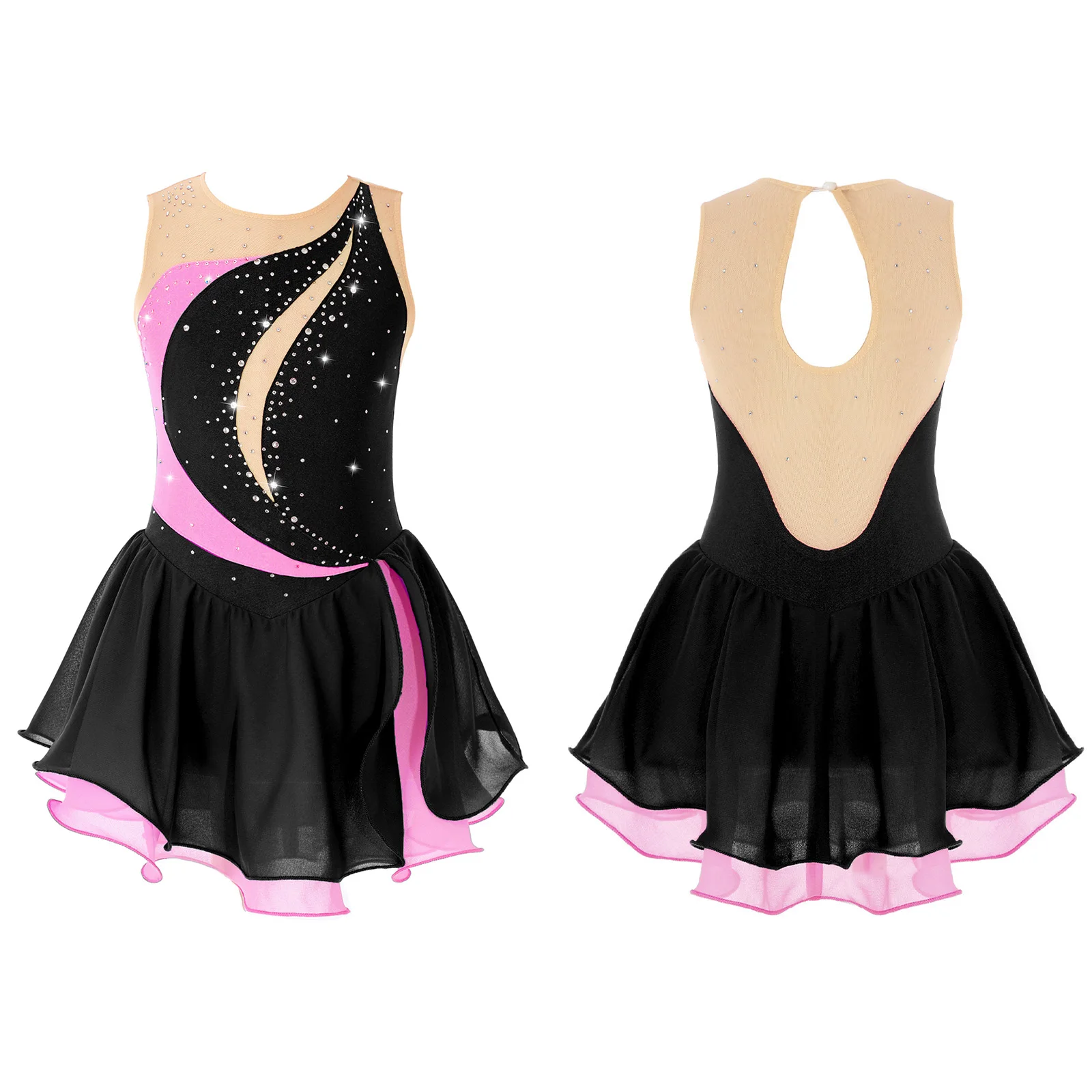 Disfraz de patinaje y gimnasia con diamantes de imitación brillantes para niñas, Jersey de Ballet, vestido de baile lírico corporal, leotardo con dobladillo Irregular, vestido tutú