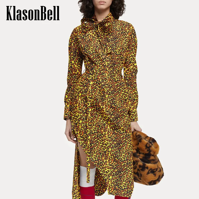 

3.6 KlasonBell Fashion Vintage Leopard Print Embroidery Bowknot Collar Design Asymmetrical With Sashes Maxi Dress Women