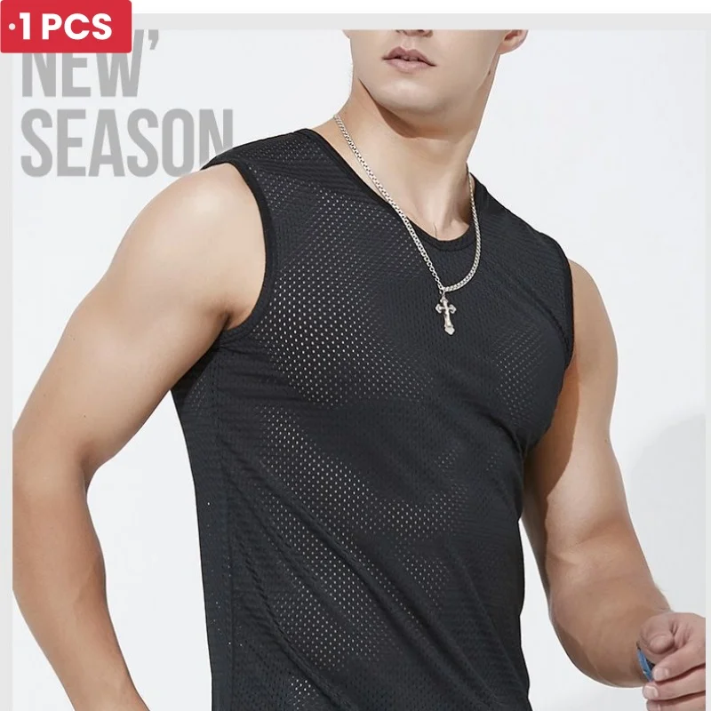 1PCS Men Tops Ice Silk Vest Outer Wear Quick-Drying Mesh Hole Breathable Sleeveless T Shirts Summer Cool Vest Beach Travel Tanks Men Undershirt Sports Sleeveless Vest Quick Dry T Shirt