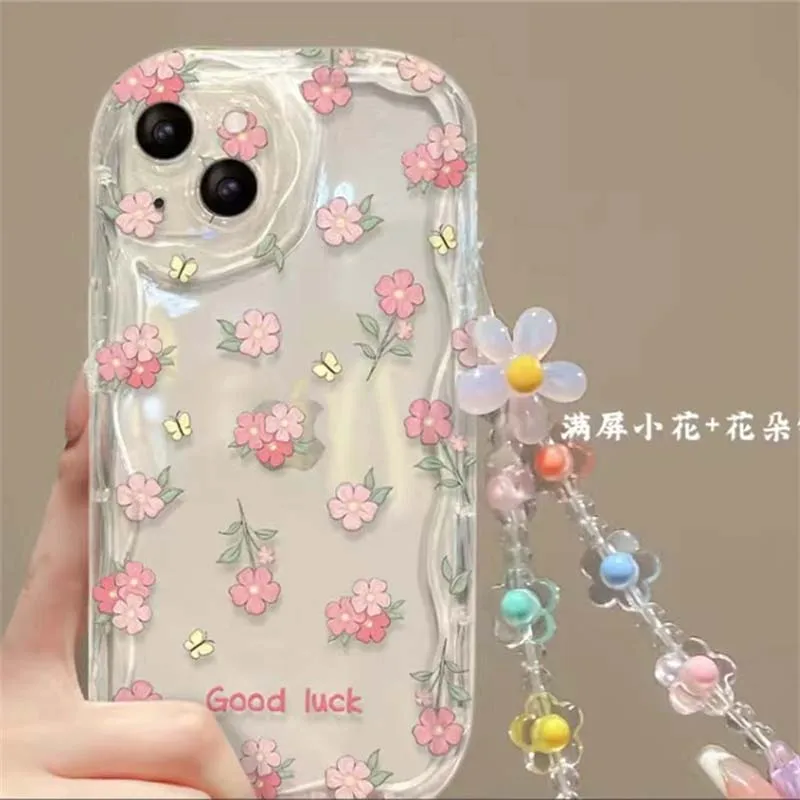 Pink Floral Chain Phone Case - Clear TPU Cover