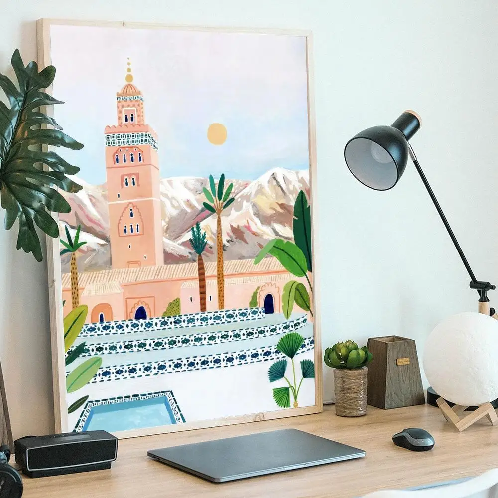Landscape Nordic Posters And Prints Barcelona Santorini Positano Posters Vintage Room Bar Cafe Decor Stickers Wall Painting