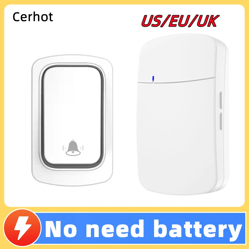 No Battery US EU UK Plug IP44 waterproof high volume electronic AC door bell 150m long distance self powered wireless doorbell