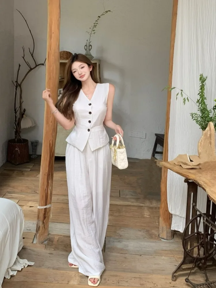 Qgz 일곱 공주 흰색 정장 조끼 바지 캐주얼 투피스 세트 여름 여성의 세련된 ..