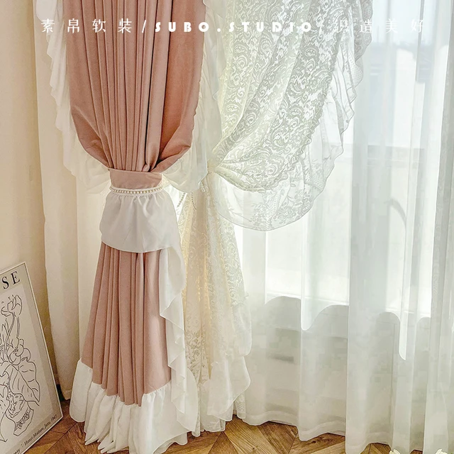 Cortinas de doble capa para habitación de niñas, decoración de encaje rosa  con lazo, para sala de estar, dormitorio, balcón, ventana flotante,  personalizadas - AliExpress