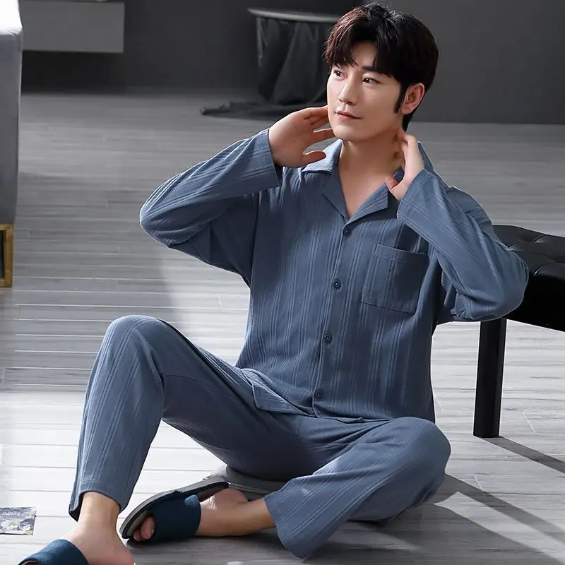 2024 New Fashion Youth Spring Autumn Pajamas Outfit Men's Simple Long Sleeve Sleepwear Cardigan Boys Plus Size Loungewear Set
