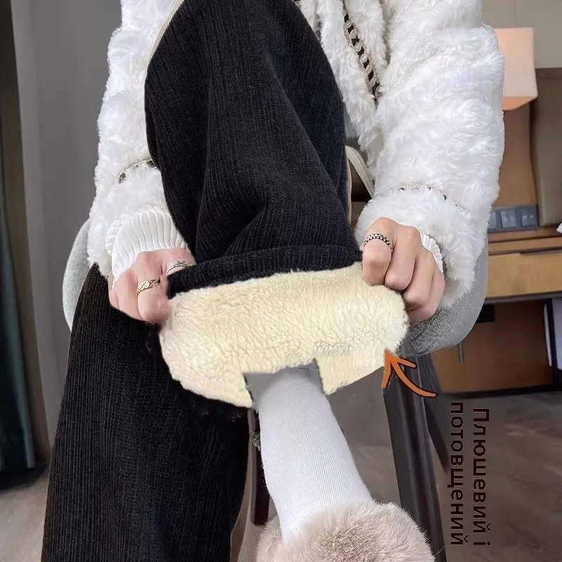 بنطلون نسائي واسع الساق مبطن بالصوف للخريف والشتاء، سروال كاجوال مريح بقصة مستقيمة وخصر مرتفع مصنوع من ألياف البوليستر