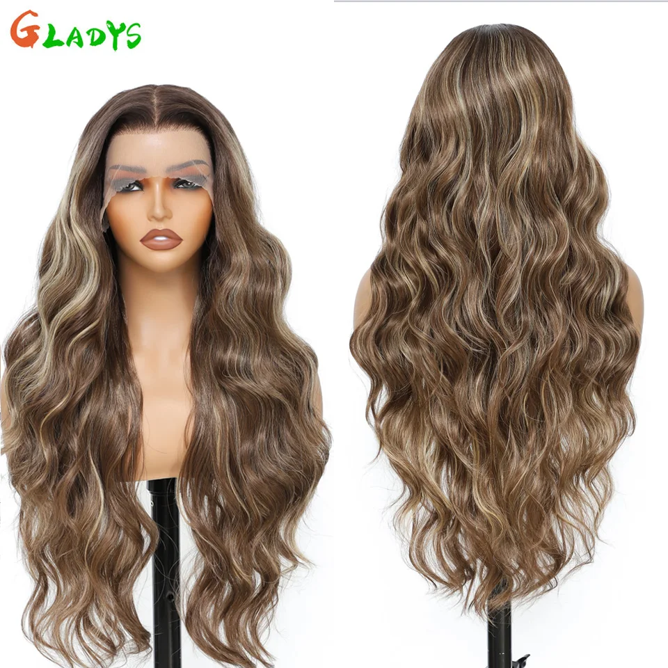 Gladys 320G 13x4 Highlight Body Wave Transparent Lace Front Wigs 30 Inch Ombre Brown Loose Wave Synthetic Hair Daily Life Wigs 2