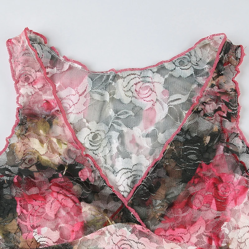Sweetown French Romantic Colorful Floral Print Lace Vest Sleeveless V Neck Slim Elegant Sexy Summer Vacation Boho Tank Top Women