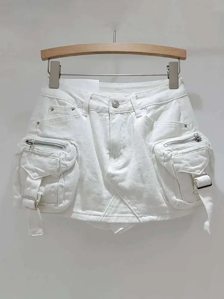 DEAT Women's Denim Skirt Solid Color Washed 3d Pockets Design