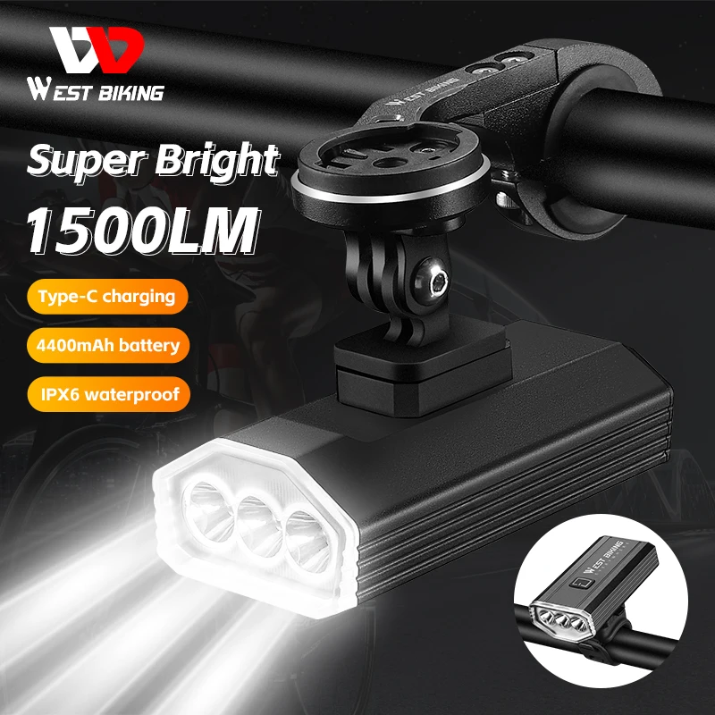 

WEST BIKING Super Bright 1500LM Bicycle Front Light Aluminum Alloy Type-C Charging Smart Bike Front Lights IPX6 Waterproof