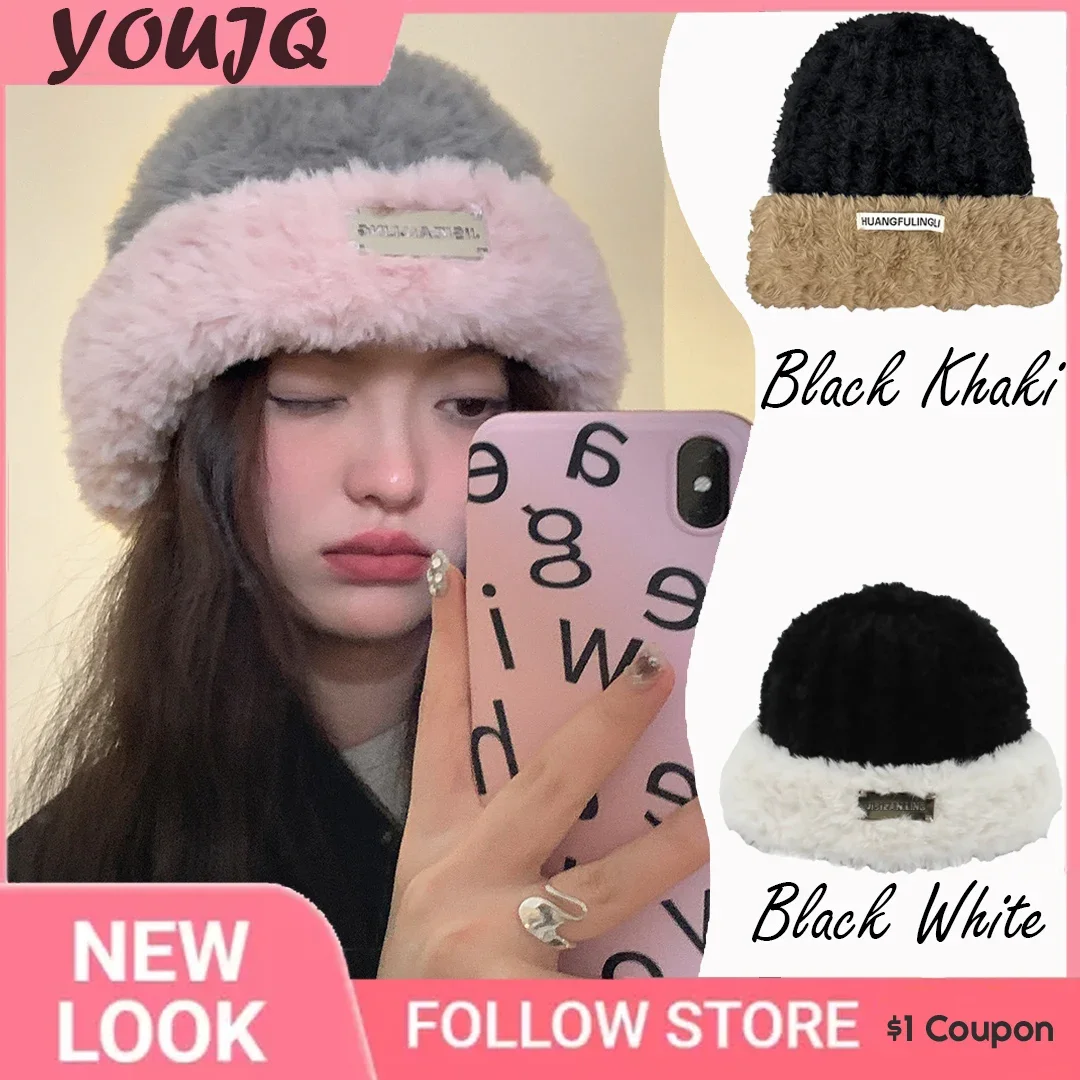 INS Winter Warm Plush Skullies Beanies Hats for Women Ear Protection Korean Earmuffs Cap Ski Bonnet Thick Fluffy Fur Headgear