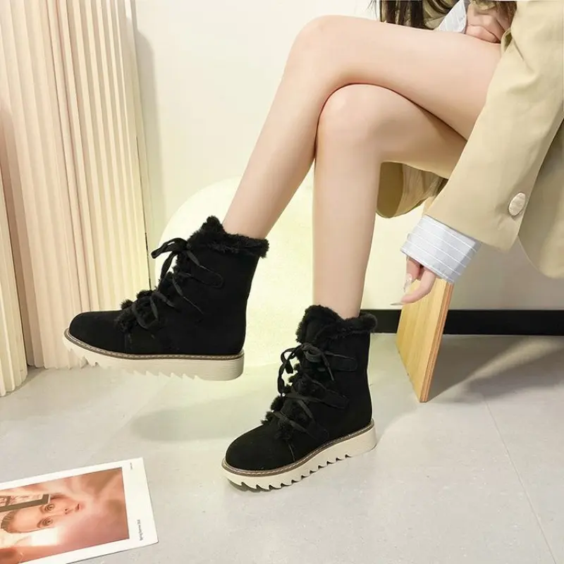New Winter Women Fluffy Boots Casual Warm Fur Mid-Calf Boots Shoes Women Lace Round Toe Platform Boots Snow Boots Shoes Fashion