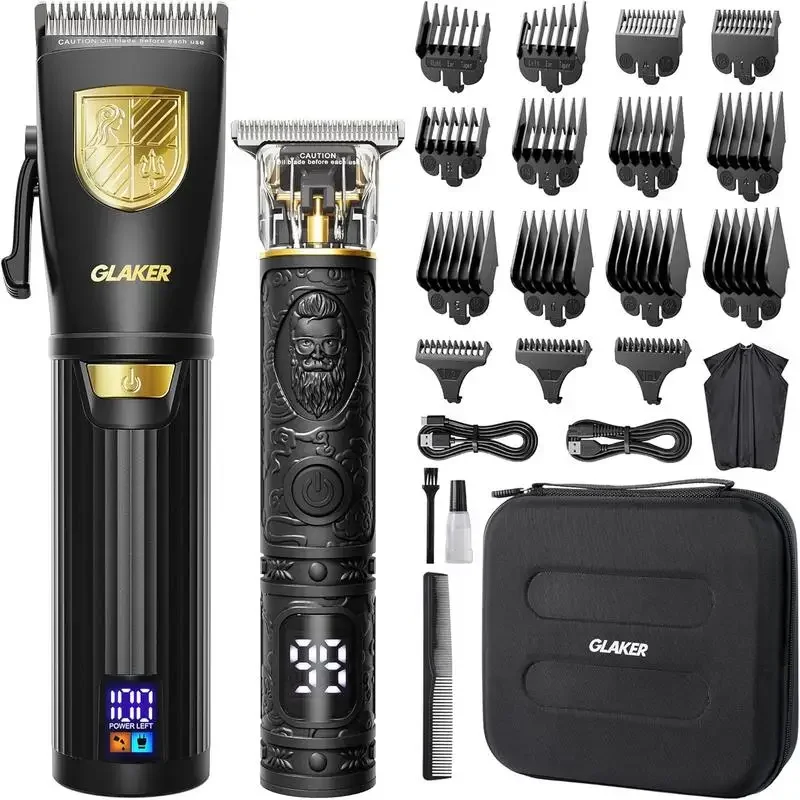 GLAKER Cordless Hair Clipper Kit Hair Trimmer for Men Sharp Blades LED Display 15 Guide Combs Travel Case Storage