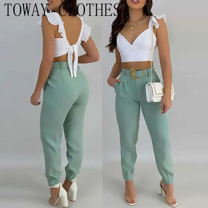 

Solid Ruffles Backless Knotted Crop Tops & Pocket Design Belted Pants Set Casual Women Two Piece Set Outfits