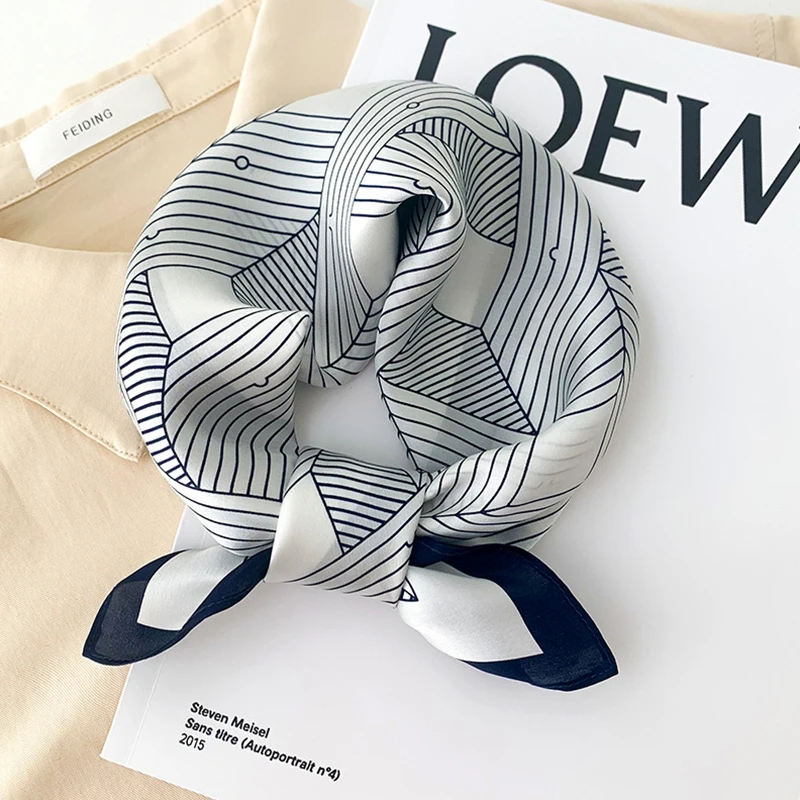 1pcs 70cm Striped Geometric Pattern Silk Scarf for Women Imitation Silk Fresh and Versatile Headwear Clothing Square Scarf 3