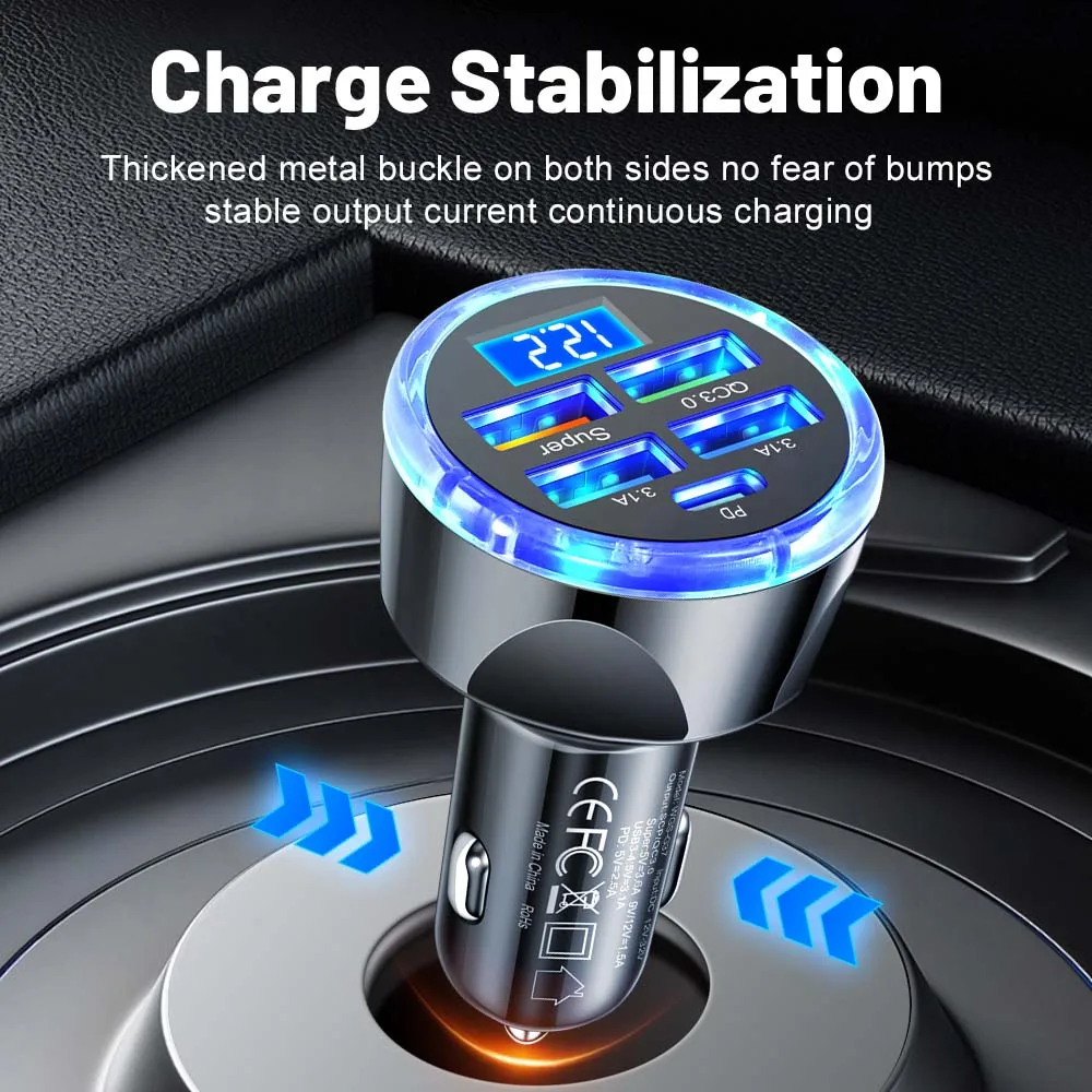 4usb PD 250W Car Charger Type C Fast Charging Auto Mobile Phone Adapter For iPhone Samsung Huawei Xiaomi QC 3.0