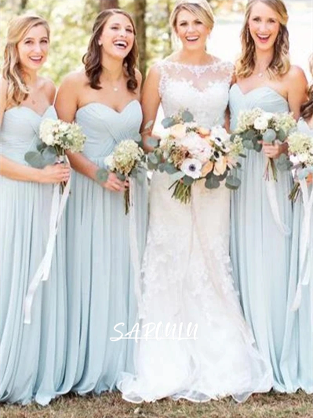 

Sky Blue Chiffon A Line Wedding Party Dress Sweetheart Neckline Simple Bridesmaid Dresses Custom Made Plus Size