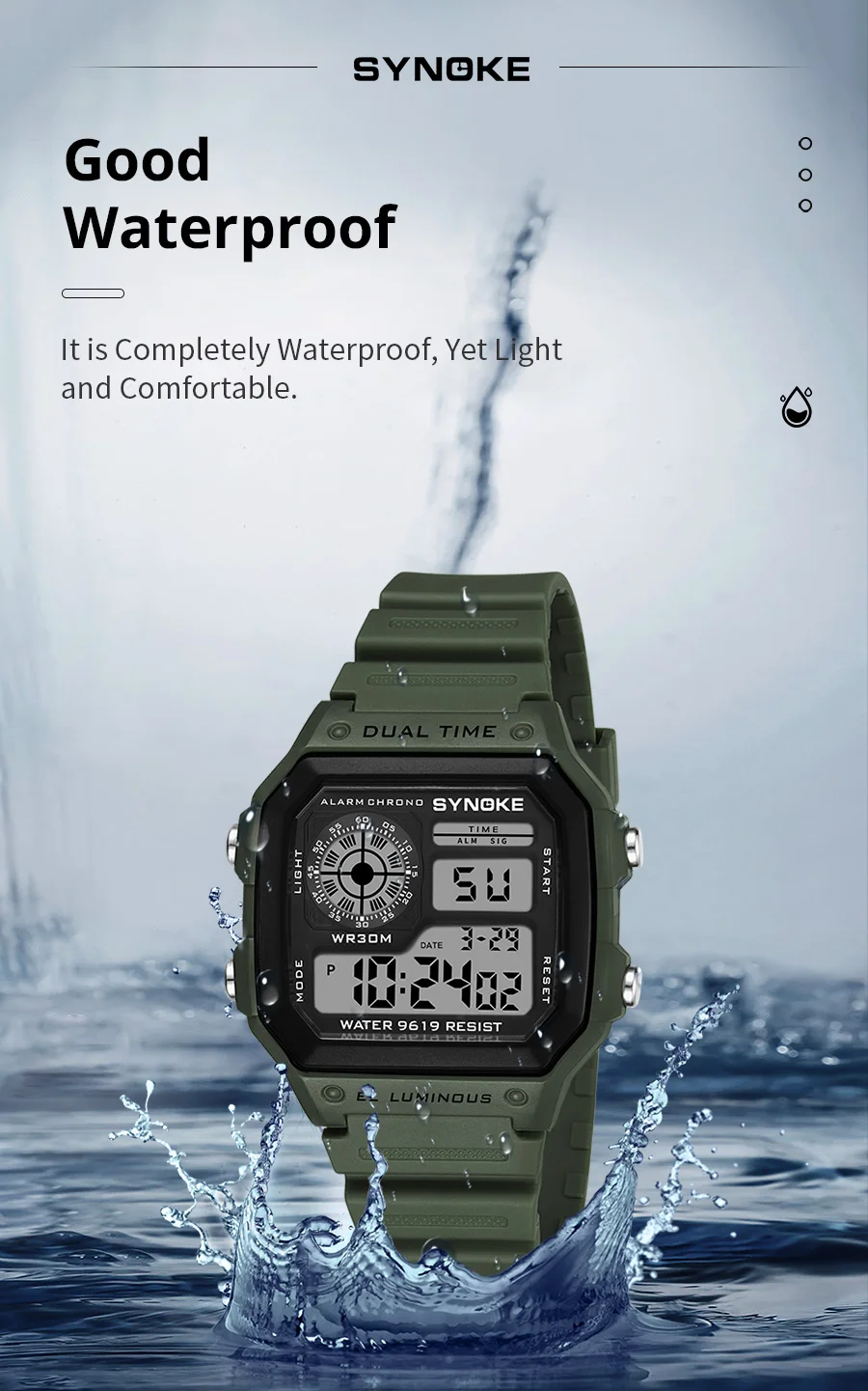 SYNOKE Digitaluhren für Herren, Sport, leuchtend, multifunktional, wasserdicht, Chrono-Armbanduhr, Outdoor und Laufen, Student, sieben Licht – Detail 5