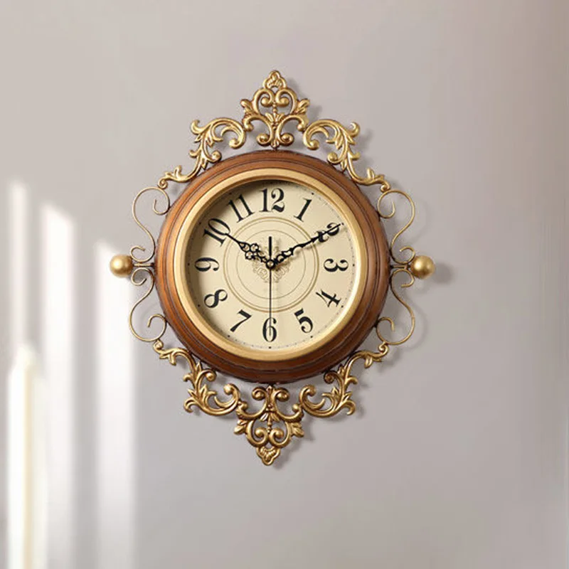 Country Retro Mute Metal Wall Clock Study Golden Carved Large Clocks