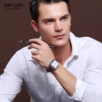 Megir cadran rectangulaire bracelet en cuir Montre pour hommes décontracté bleu chronographe montres à Quartz homme Montre-bracelet Montre Reloj Часы М � 5