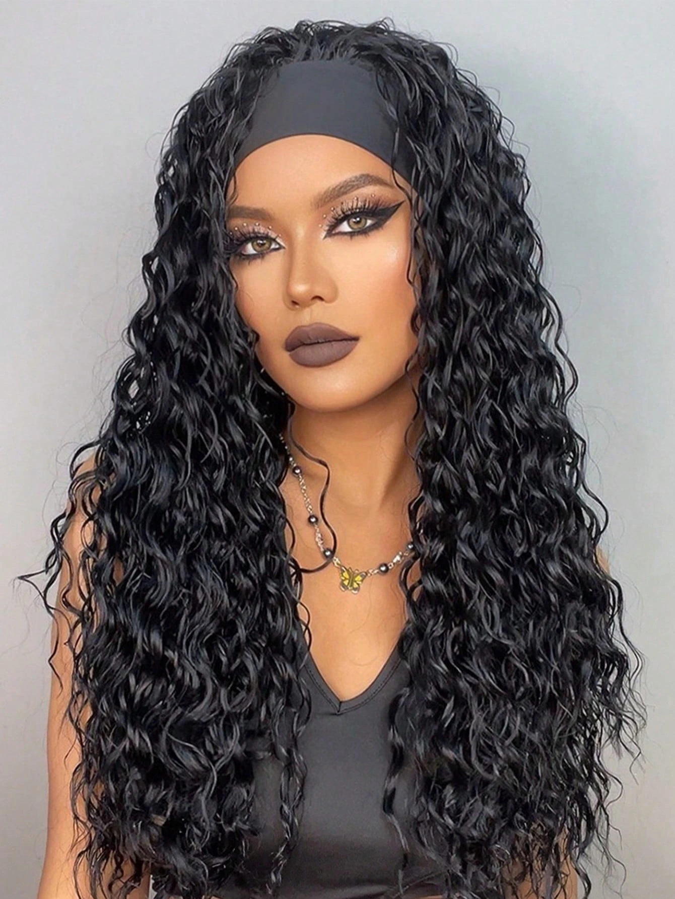 Black Synthetic Curly Headband Wig for Women Deep Water Wave