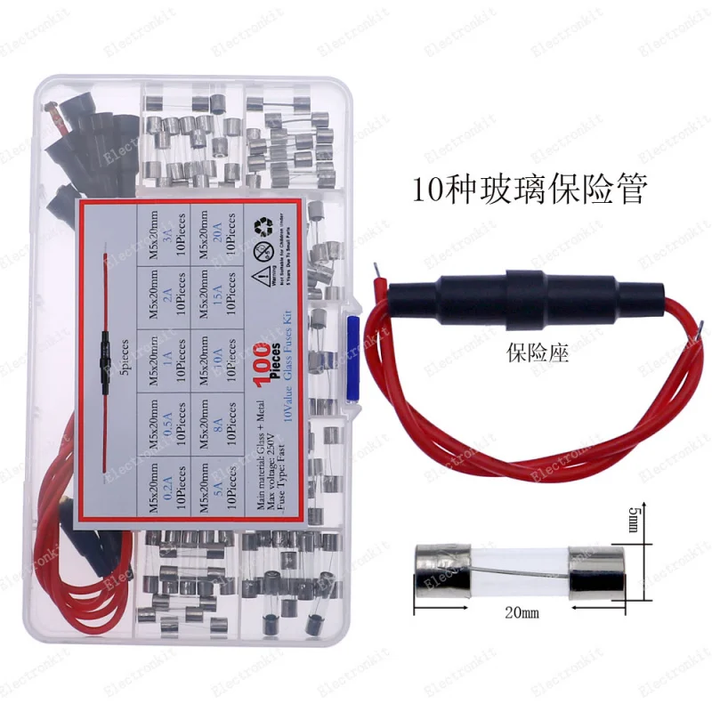 100pcs 10Value 250V 5x20mm Quick Blow Glass Tube Fuse 5pcs Fuse Holder Screw Type with 16AWG Wire Assorted Kit