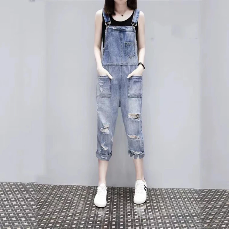 유럽 스타일 여성 찢어진 데님 점프 슈트, 2023 여름 새로운 스파게티 스트랩 포켓 캐주얼 전체 Playsuit Rompers