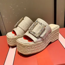  2022 Summer New Women's Wedges Slippers Luxury Rhinestone Square Button Design Platform Slippers Weave Ladies Fisherman Shoes 