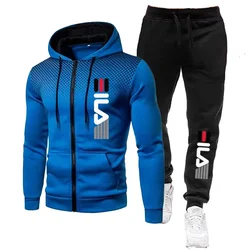 Men's long-sleeved tracksuit, men's outdoor tracksuit, zip-up printed hooded coat, pants, fall, 2 pieces